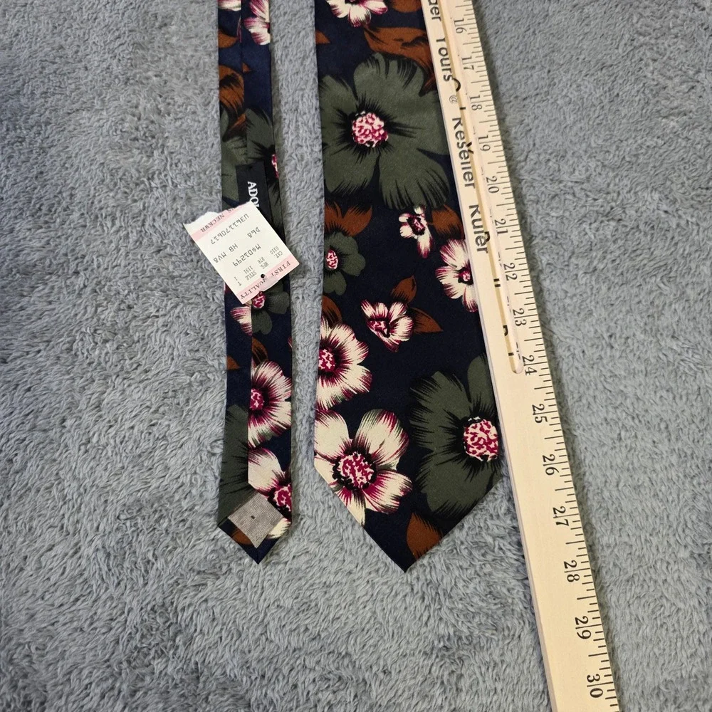 Adolfo Mens OS Silk Necktie Navy Blue Floral Print Hand Made‎ Classic Designer